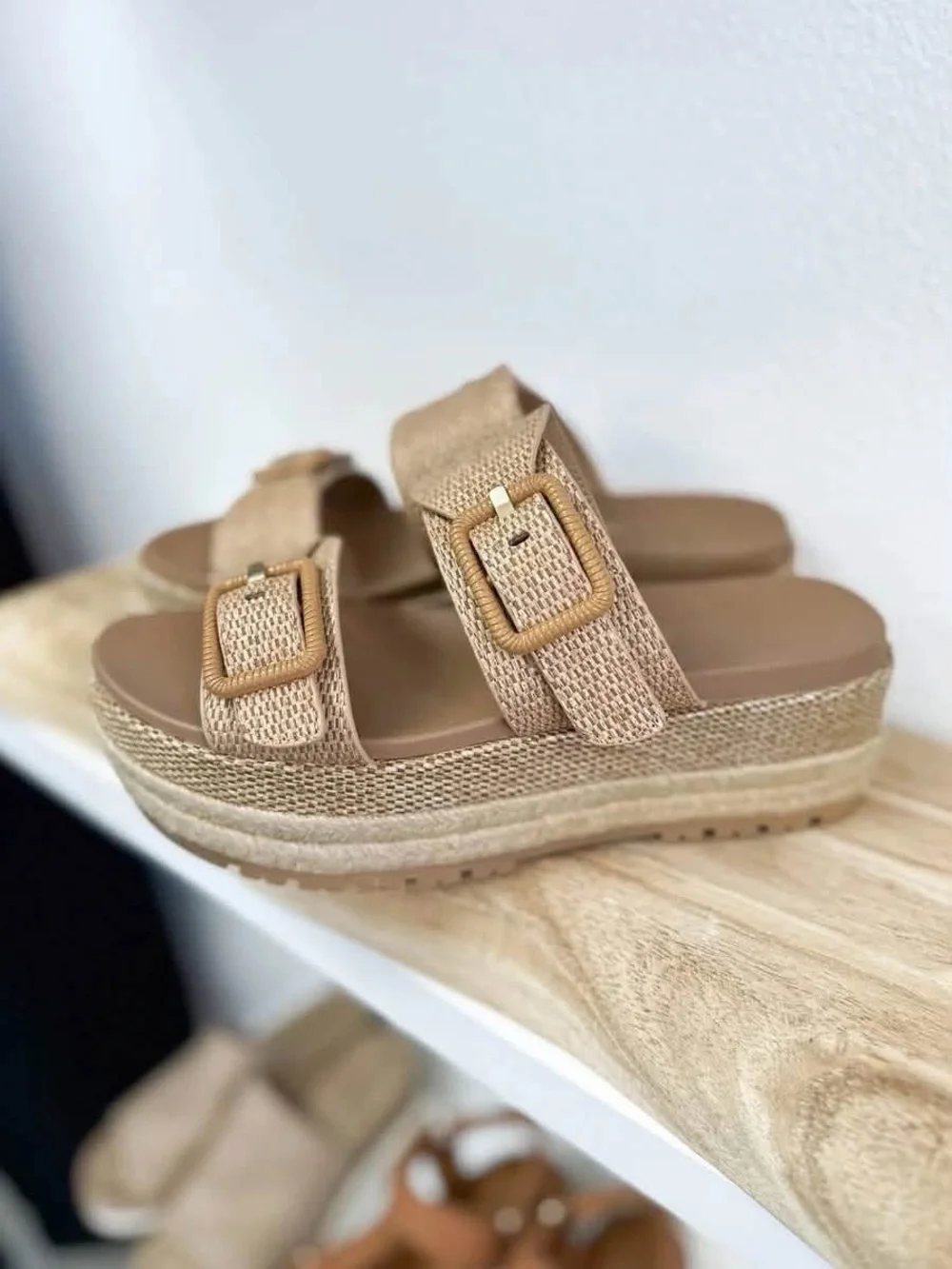 NIB Beige Platform Slide Sandals with Buckle Straps